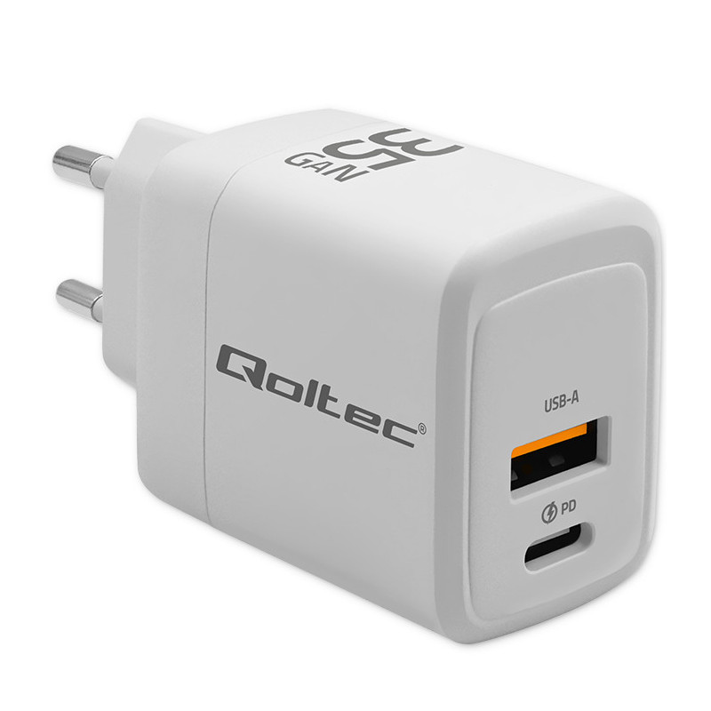 Qoltec GaN 35W charger, 5-20V, 1.5-3A, 1 x USB-C PD, 1x USB QC 3.0, White