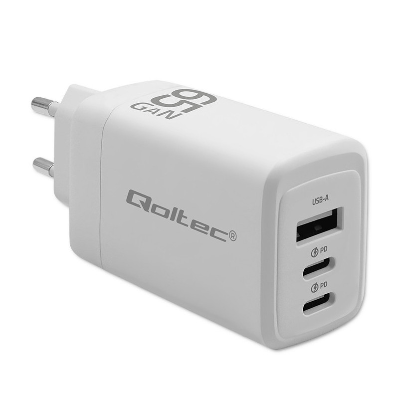 GaN 65W charger, 5-20V, 3-3.35A, 2 x USB-C PD, 1 x USB QC 3.0, Qoltec