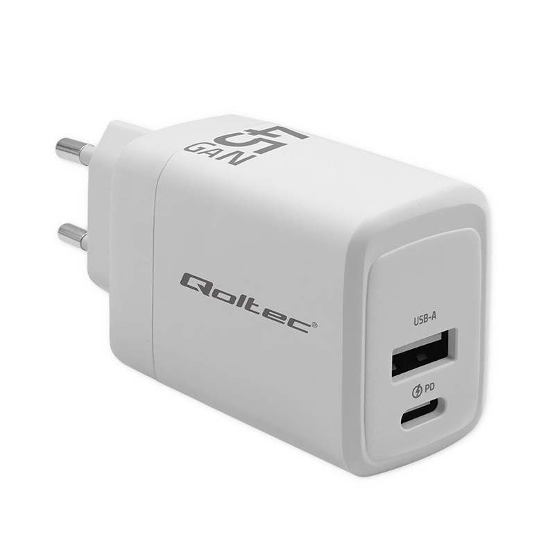 Qoltec GaN 45W charger, 5-20V, 1.5-3A, 1 x USB-C PD, 1x USB QC 3.0, White