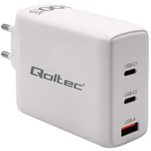 Qoltec GaN 100W charger, 5-20V, 1.5-5A, 2 x USB-C PD, 1x USB QC 3.0, White