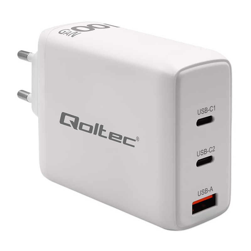 Qoltec GaN 100W charger, 5-20V, 1.5-5A, 2 x USB-C PD, 1x USB QC 3.0, White