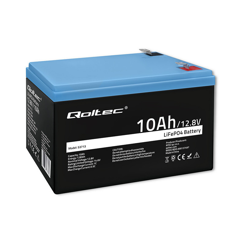 Qoltec LiFePO4 lithium iron phosphate battery, 12.8V, 10Ah, 128Wh, BMS