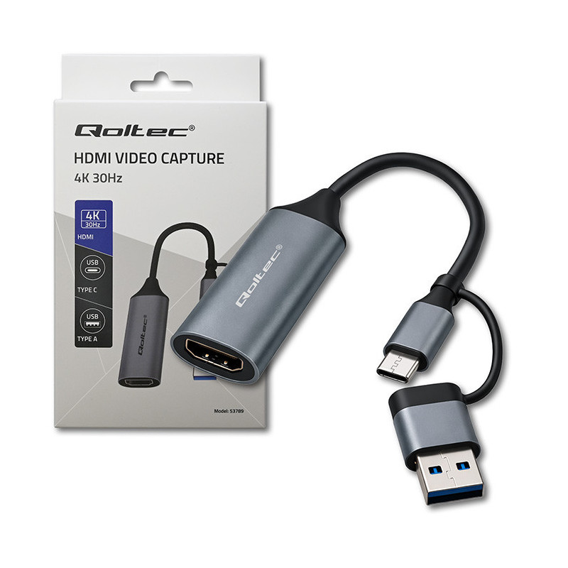 4K vaizdo įrašymo plokštė, USB-C / USB-A adapteris, HDMI, 30 Hz, aliuminio korpusas