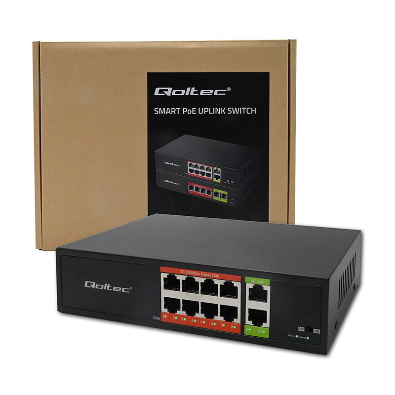 8 prievadų FAST Ethernet PoE komutatorius, 8x RJ45 PoE, 2x RJ45 Uplink, 120W, 10/100 Mb/s, QOLTEC