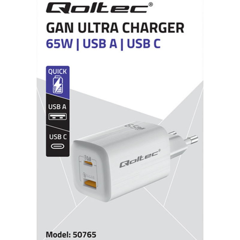 GaN ULTRA 65W charger, 5-20V, 2.25-3.25A, 1 x USB Type-C PD, 1x USB QC 3.0, Laptop