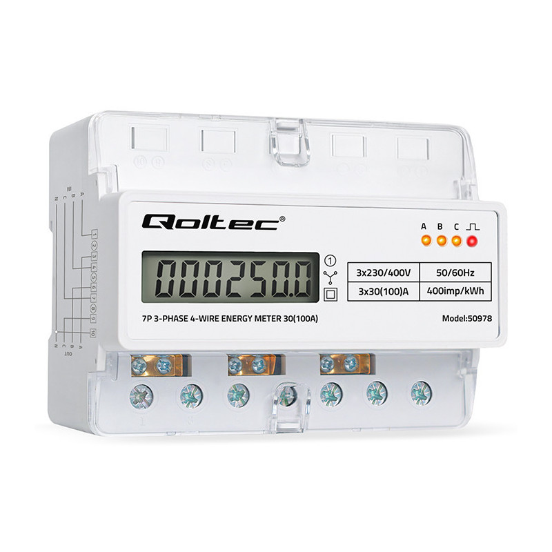 Trifazis elektroninis energijos skaitiklis, montuojamas ant DIN bėgelio, 400 V, 100 A, LCD,