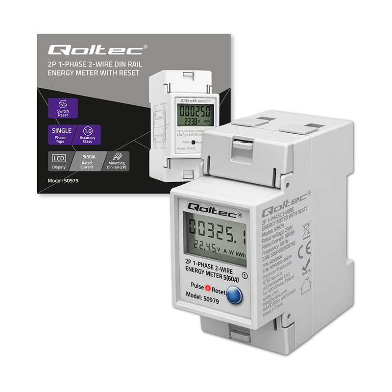 Single-phase electricity meter, DIN, RESET, periodic/continuous metering, 60A
