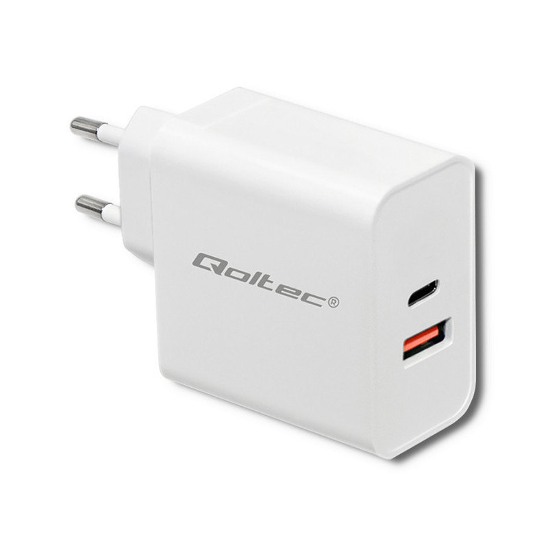 Įkroviklis 63W, 5-20V, 1.5-3A, USB Type-C PD, USB QC 3.0, baltas, QOLTEC