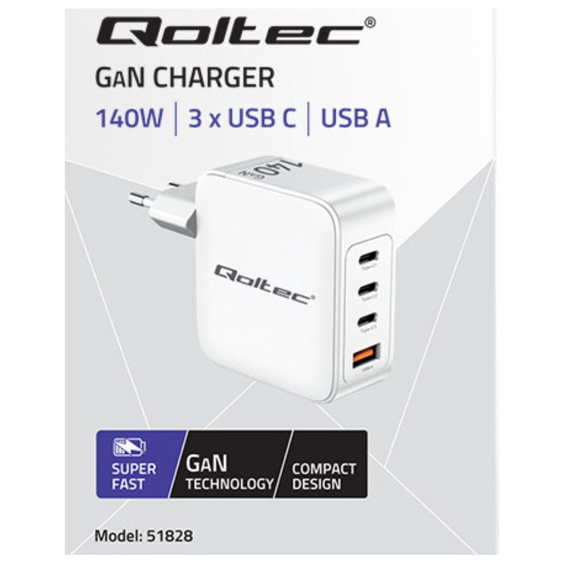 GaN 140W charger, 5-20V, 2.5-5A, 3 x USB-C PD, 1x USB QC 3.0, Laptop, Smartphone