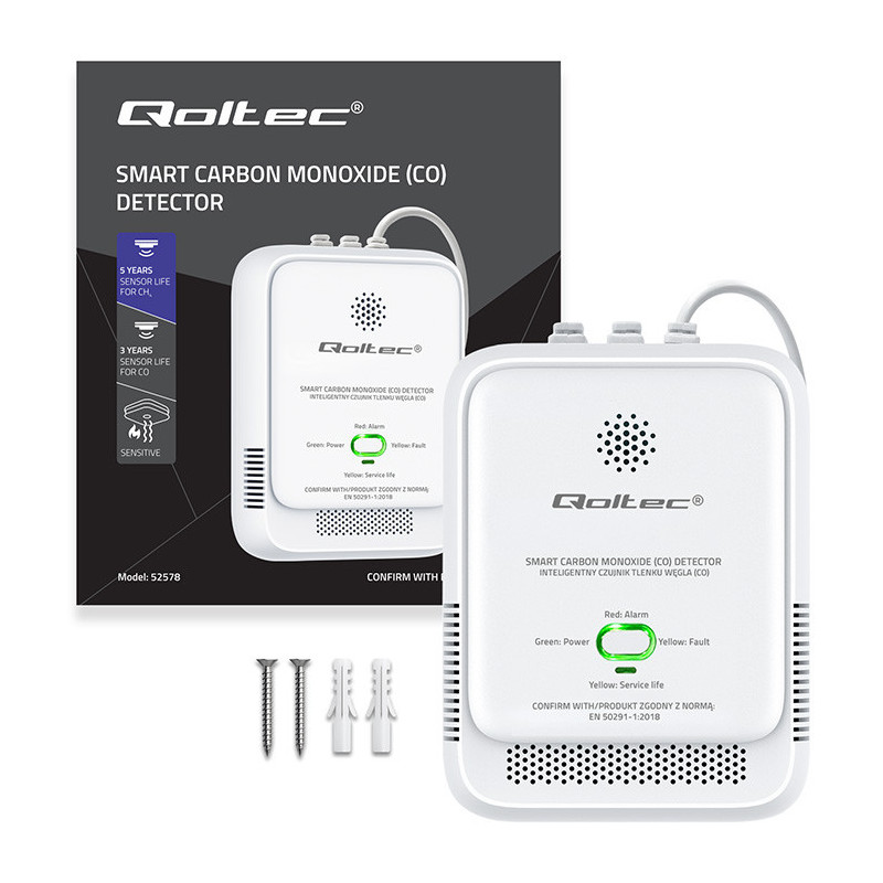 Certified carbon monoxide sensor, CO detector, alarm 85 dB, LED, Qoltec