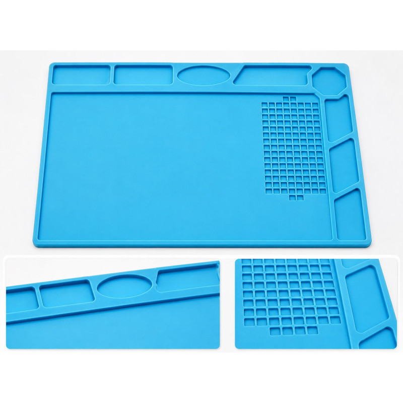 Fireproof silicone soldering mat 32x23 cm with 8+124 compartments, blue