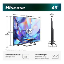 108,0cm / 43" (3840x2160) Hisense 43A7DS Smart TV 4K Hi-QLED 8ms 60Hz HDMI USB LAN HDR VESA WiFi Bluetooth Black