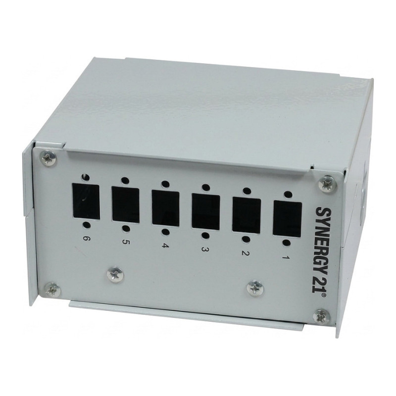 Synergy21 fiber optic patch panel for DIN rail mounting, 6x LC duplex / SC simplex sockets, without couplers, light grey
