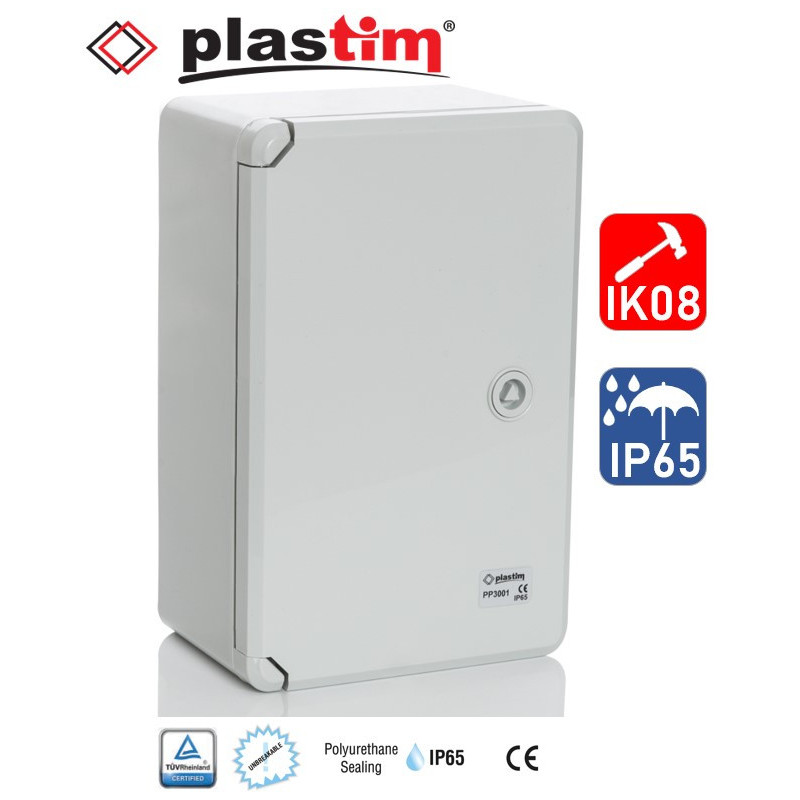 PP3 plastikinė spintelė, aukštis 400 x plotis 300 x gylis 220, pilkos durys, IP65