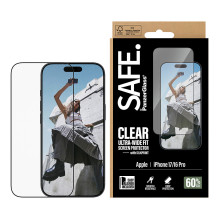 „PanzerGlass SAFE. by ®“ ekrano apsauga su juodu rėmeliu, skirta „iPhone 17“, „16 Pro“, itin plataus kampo, su „EasyAlig