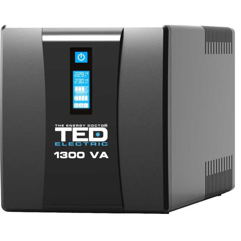 1300 VA 750 W UPS linijinis interaktyvusis įrenginys – LCD ekranas – 4 išėjimai, 2 baterijos 12 V – 7 Ah