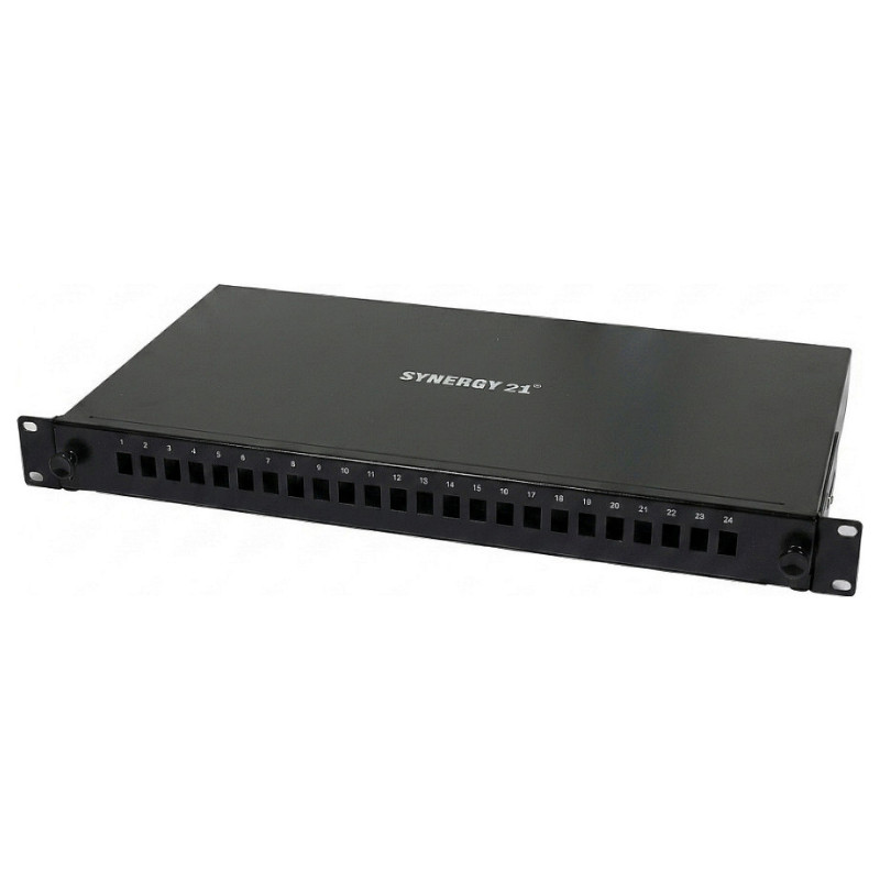 Synergy21 fiber optic patch panel for 24xLC duplex sockets, 19" / 1U, without LC couplers, black