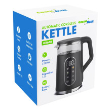 GreenBlue Cordless Electric Kettle, 1.7 L capacity, glass water tank, easy-to-read display, temperature selection, 2200 