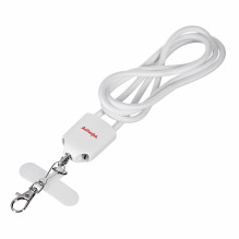 „Activejet“ virvelė su 3 viename įkrovimo laidu, balta. Galuose įvairios jungtys: USB-C, „Lightning“ adapteris, USB-A