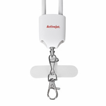 Activejet lanyard with 3-in-1 charging cable, white. Ends with various connectors: USB-C, Lightning adapter, USB-A