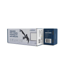 „Gembird MA-DA2U-01“ reguliuojamo aukščio stalo laikiklis 2 ekranams su USB prievadais, 17'-32', juodas