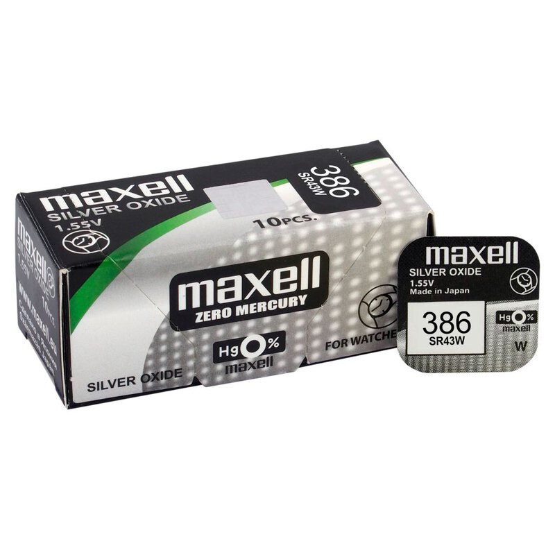 386 batteries 1.55V Maxell silver-oxide SR43SW in a package of 1 pc.