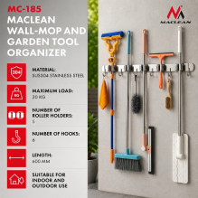 Maclean wall-mounted organizer for garden tools and mops, steel, with hooks, max. load 20 kg, width 60 cm, MC-185 Maclean wall-mounted organizer for garden tools and mops, steel, with hooks, max. load 20 kg, width 60 cm, MC-185
