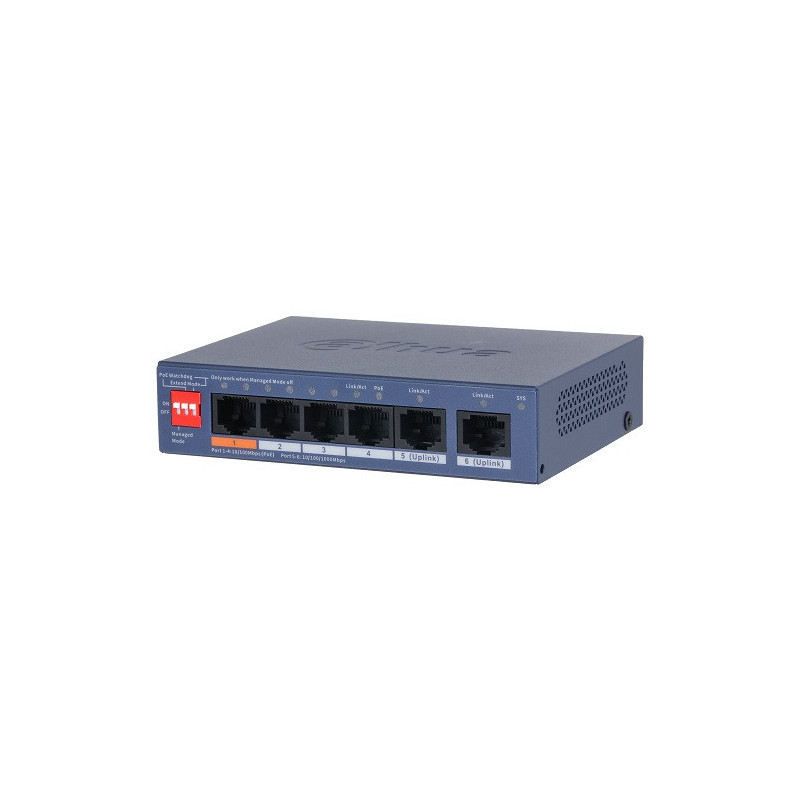 Tinklo Jungiklis - Dahua CS4006-4ET2GT-60 6-Port Managed PoE Jungiklis 4 PoE Prievadai 2 Gigabit Uplinks Juodas