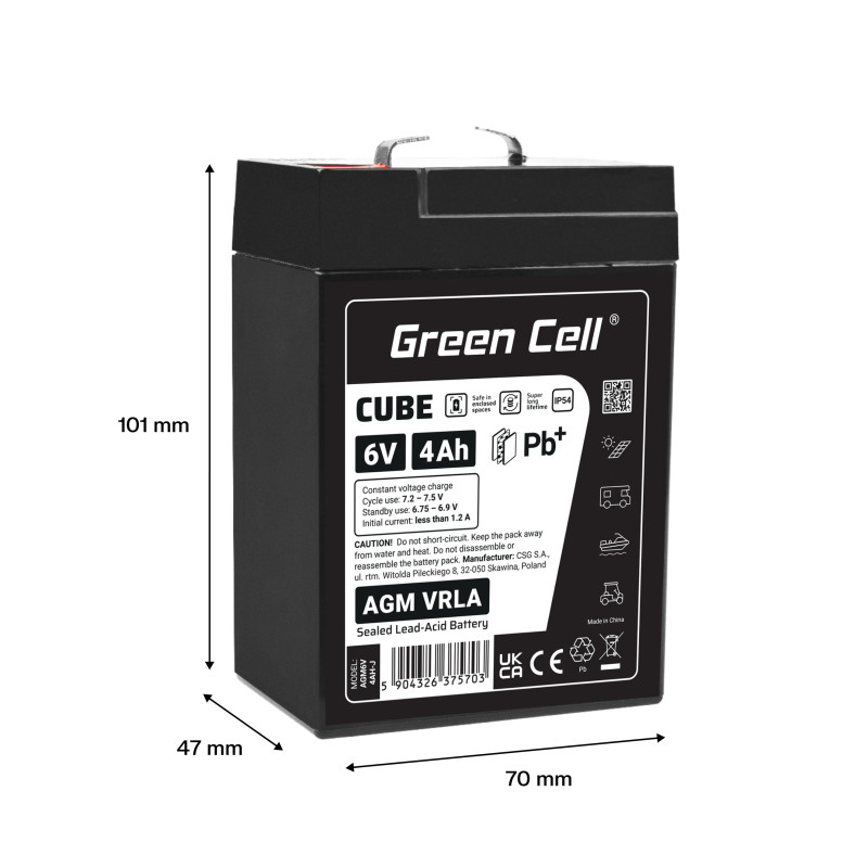 Green Cell CUBE AGM IP54 6V 4Ah VRLA Battery Gel deep cycle toys for kids alarm systems for toy vehicles toy car