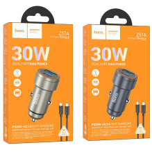 Automobilinis įkroviklis Hoco USB A + USB C QC3.0 PD 30W + laidas USB C į USB C Z57A juodas Automobilinis įkroviklis Hoco USB A + USB C QC3.0 PD 30W + laidas USB C į USB C Z57A juodas