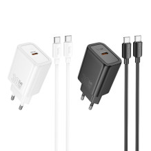 Telefono įkroviklis Hoco USB C QC PD 30W + laidas USB C į USB C N62 baltas