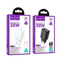 Telefono įkroviklis Hoco USB C QC PD 30W + laidas USB C į USB C N62 baltas