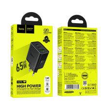 Telefono įkroviklis Hoco 2x USB C + USB A QC3.0 PD 3A 65W N75 juodas Telefono įkroviklis Hoco 2x USB C + USB A QC3.0 PD 3A 65W N75 juodas