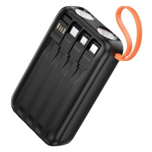 „Hoco“ 10000 mAh 2A išorinė baterija su įmontuotais USB A + USB C + „Lightning“ + „Micro USB“ laidais ir dviguba lempute