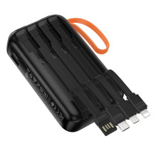 „Hoco“ 10000 mAh 2A išorinė baterija su įmontuotais USB A + USB C + „Lightning“ + „Micro USB“ laidais ir dviguba lempute