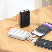 „Hoco“ 10000 mAh 2A išorinė baterija su įmontuotais USB A + USB C + „Lightning“ + „Micro USB“ laidais ir dviguba lempute