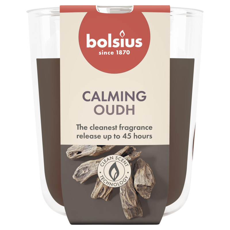 Candle, scented Bolsius Calming Oudh, 45 h, Brown