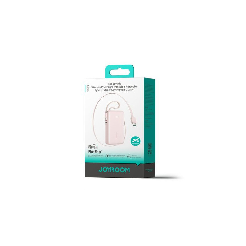 Joyroom Power Bank with Digital Display, C+U+U, PD 35W, 10000 mAh with Built-in Retractable Type-C and Lightning Lanyard