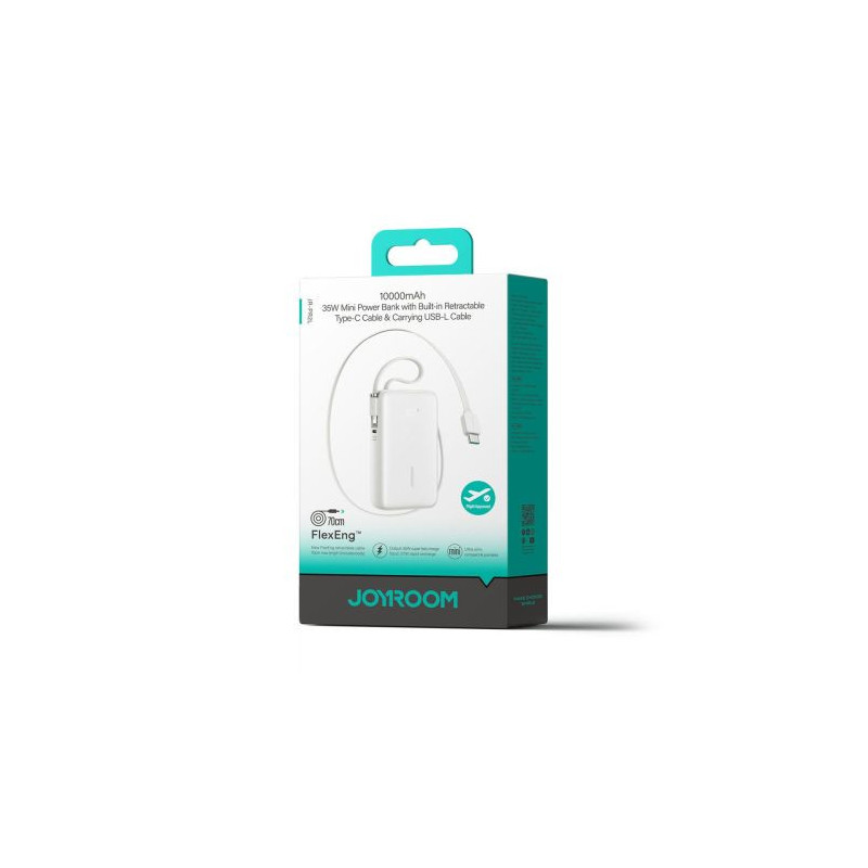 Joyroom Power Bank with Digital Display, C+U+U, PD 35W, 10000 mAh with Built-in Retractable Type-C and Lightning Lanyard