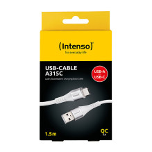 „Intenso“ USB laidas A315C nailonas, 1,5 m, baltas, su USB-A ir USB-C jungtimis, palaiko greitą įkrovimą (PD) iki 60 W „Intenso“ USB laidas A315C nailonas, 1,5 m, baltas, su USB-A ir USB-C jungtimis, palaiko greitą įkrovimą (PD) iki 60 W