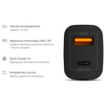 Automobilinis įkroviklis Green Cell 1xUSB-C Maitinimo tiekimas 1xUSB3.0 Quick Įkrovimas 12V Juodas
