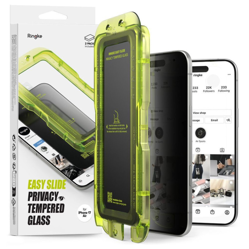 Ringke iPhone Air ekrano apsauga Premium Easy Slide privatumo grūdintas stiklas 9H su montavimo įrankiu (2 vnt.) Transpa