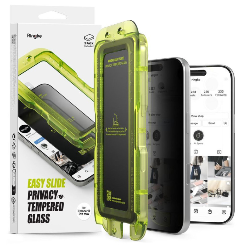Ringke iPhone 17 Pro ekrano apsauga Premium lengvas slydimas privatumo grūdintas stiklas 9H su montavimo įrankiu (2 vnt.