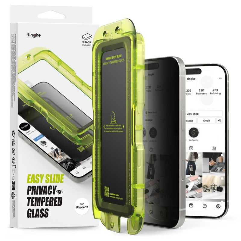 Ringke iPhone 17 ekrano apsauga Premium Easy Slide privatumo grūdintas stiklas 9H su montavimo įrankiu (2 vnt.) Transpar