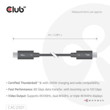Club3D Kabel Thunderbolt5 sertifikatas. 8K240Hz / 80 / 120Gbps 1m mažmeninė prekyba Club3D Kabel Thunderbolt5 sertifikatas. 8K240Hz / 80 / 120Gbps 1m mažmeninė prekyba
