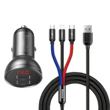 Baseus Car Charger Digital Display 2xUSB with 3-in-1 Cable 1.2m, 24W 4.8A, Black / Gray (TZCCBX-0G) Baseus Car Charger Digital Display 2xUSB with 3-in-1 Cable 1.2m, 24W 4.8A, Black / Gray (TZCCBX-0G)