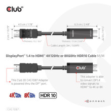 Club3D Kabelis DisplayPort 1.4 HDMI HDR 8K60Hz aktyvus 3m mažmeninei prekybai Club3D Kabelis DisplayPort 1.4 HDMI HDR 8K60Hz aktyvus 3m mažmeninei prekybai