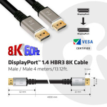 Club3D DisplayPort cable 1.4 HBR3 32.4Gb / s 4m 8K60Hz St / St retail Club3D DisplayPort cable 1.4 HBR3 32.4Gb / s 4m 8K60Hz St / St retail