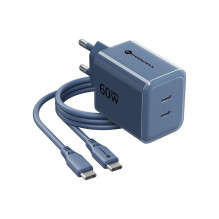 Telefono įkroviklis Forcell F-Energy GaN III Crystal Color 2x USB C AVS SSFC2.0 60W + silikonas cable USB C į USB C VT-6