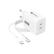 Phone charger Forcell F-Energy GaN III Crystal Color 2x USB C AVS SSFC2.0 60W + silicone cable USB C to USB C VT-60 whit